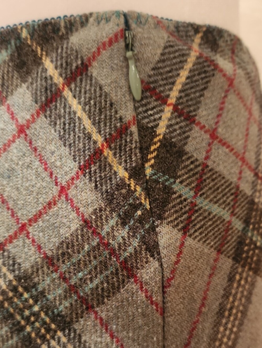 Plaid Wool Midi Skirt in Dusty Turquoise, Blue & Red - Picture 3 of 5